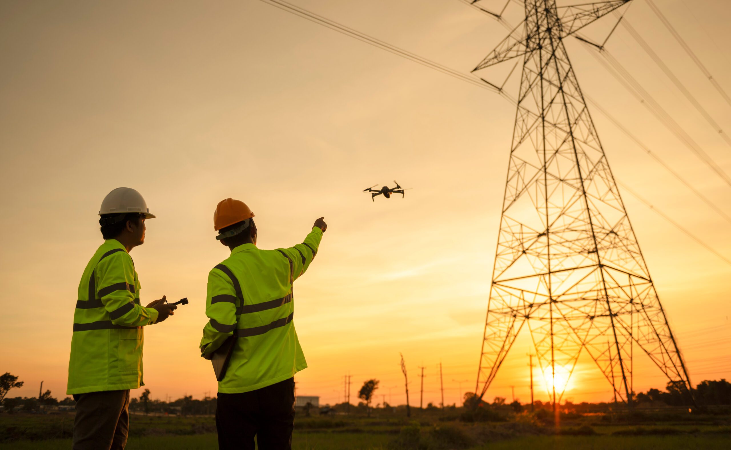 Two electrical engineers used drones to observe the planning work producing electric power at high voltage electrodes