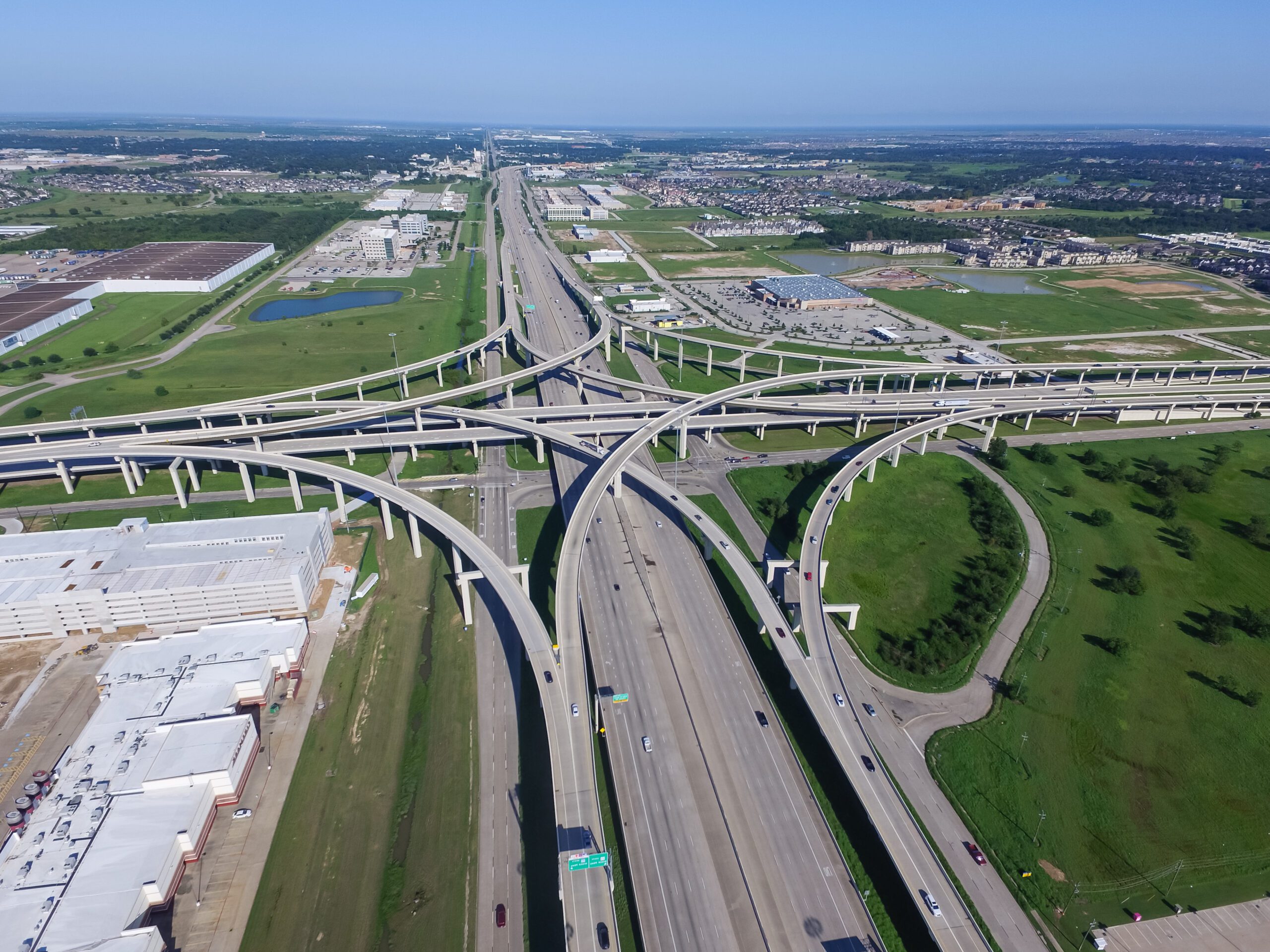 Vertical view Katy freeway Interstate 10 with clear blue sky
